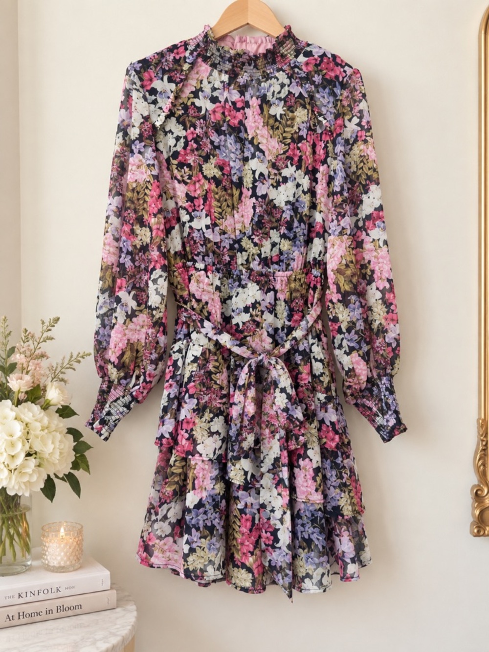 DECJUBA Orchid Print Smocked High Neck Midi Dress US 8